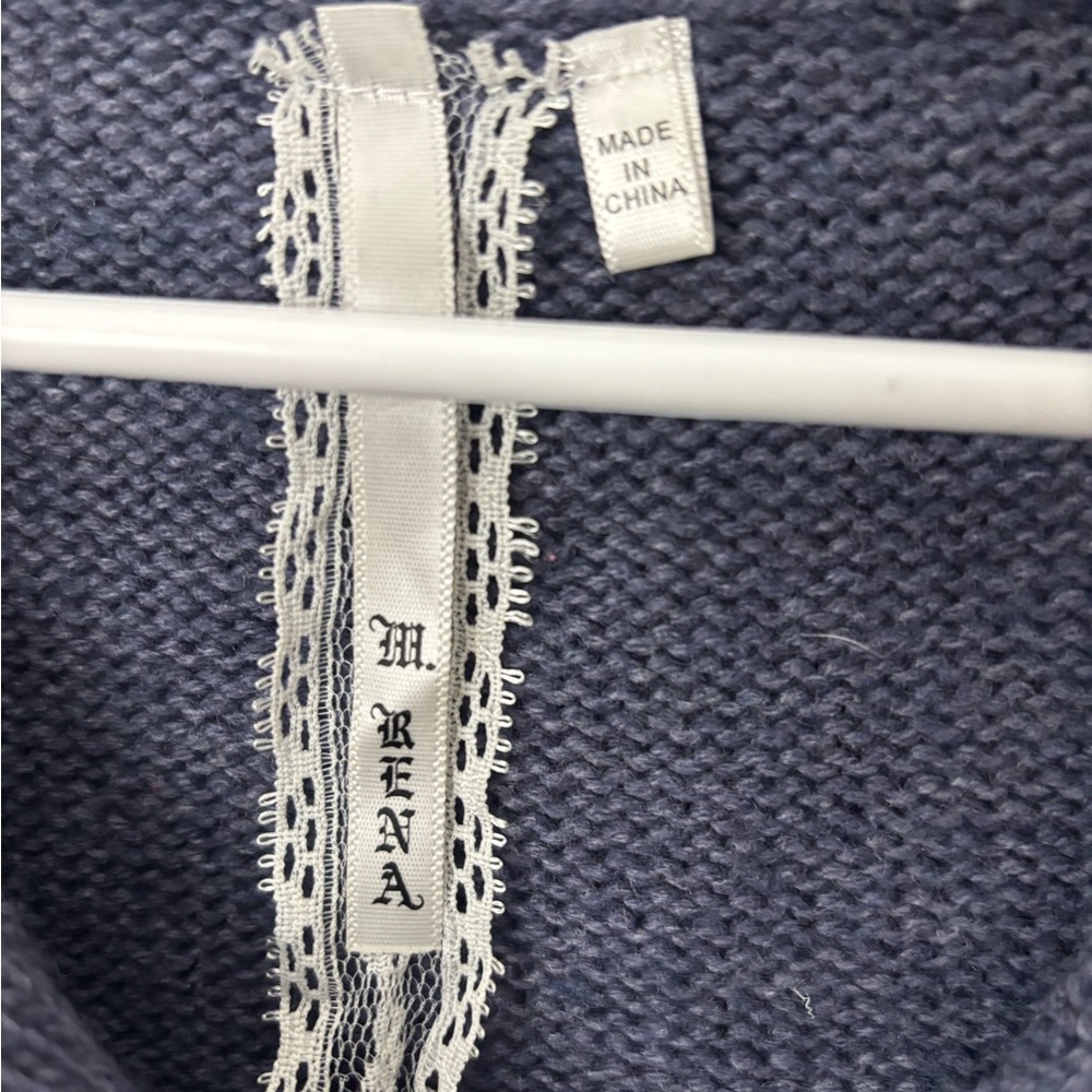M Rena Blue Knit Button Cardigan Shawl Collar Short Sleeve Sweater Boho Cozy - Picture 4 of 5